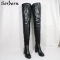 Sorbern Black Matte Block Square Heels Boots For Women Unisex Style Round Toe Mid Thigh High Half Zipper Long Boots Custom