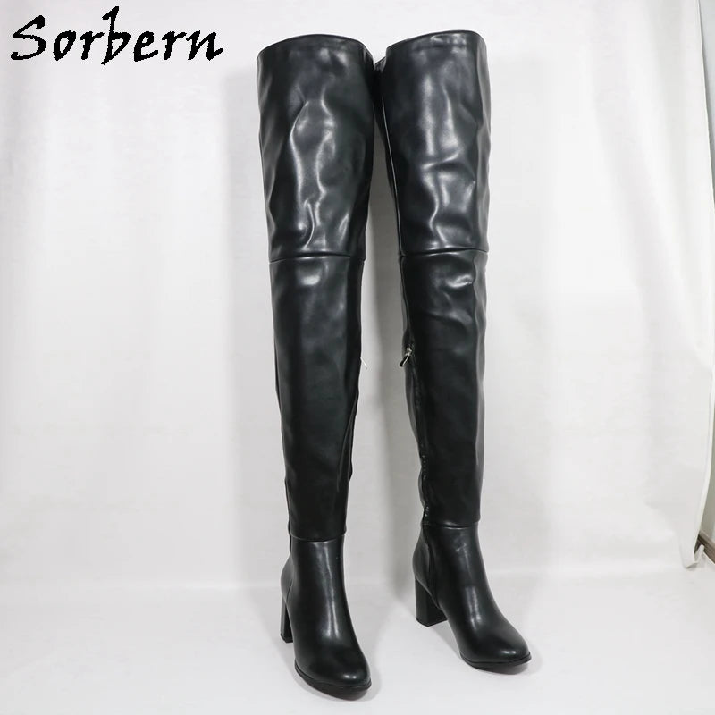 Sorbern Black Matte Block Square Heels Boots For Women Unisex Style Round Toe Mid Thigh High Half Zipper Long Boots Custom
