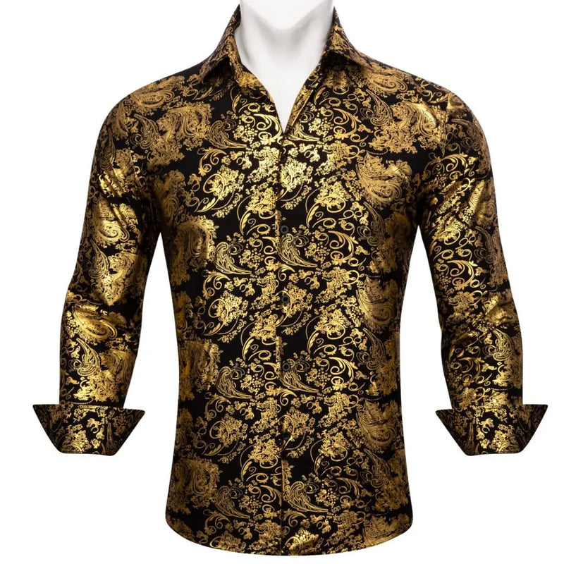 Luxury Silk Shirts for Men Long Sleeve Gold Black Floral | SAMAG