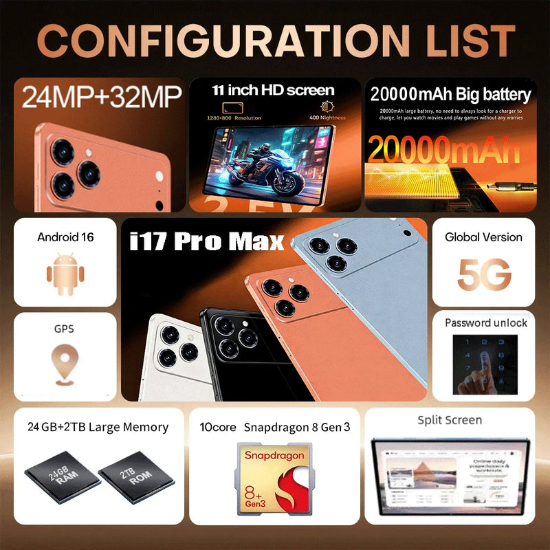 2026 NEW Pad 17 Pro Max Tablet PC 11inch 24GB+2TB Tablets Android 16 Snapdragon8gen3 Tablette PC 20000mAh 5G Dual SIM Mini PC