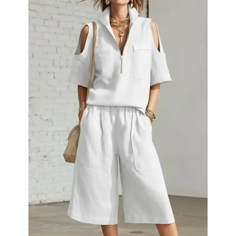 Women Fashion Zipper Stand Collar Hollow Short-sleeved Shirt Shorts 2-piece Set Summer Casual Loose Wide-leg Pocket Shorts Suit