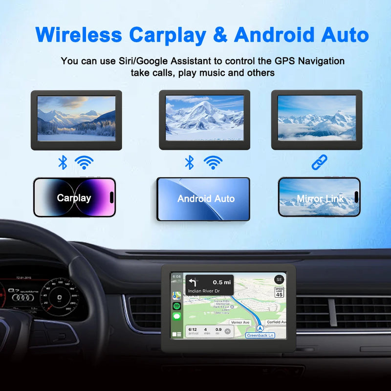 4.3" Portable Car Radio Universal Wireless CarPlay Android Auto Mirror Link Player with BT Audio AUX Stereo for Apple Android