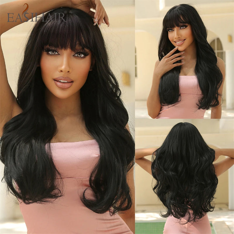 Long Blonde Ombre Brown Synthetic Wigs Water Wavy Platinum Wigs with Bang Hair Wig for Women Daily Cosplay Party Heat Resistant
