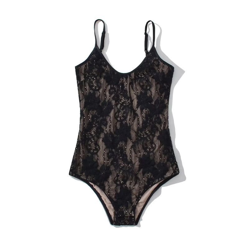 Sexy See Through Lace With Lining Backless Spaghetti Strap Bodysuit Woman Sling Tight Short Jumpsuit Slim Fit Rompers Playsuits
