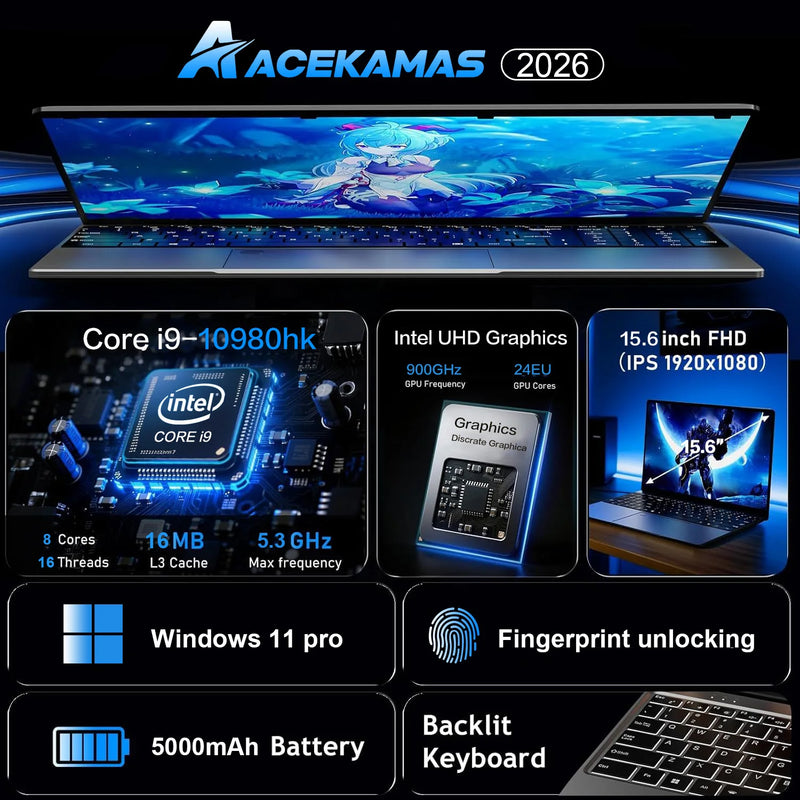 2026 Intel Core i9 10980HK Notebook Windows 11 Pro 15.6 inch Laptop 16GB RAM 1TB/2TB SSD 1920*1080 HD Fingerprint Unlock Backlit