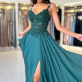 Green Chiffon Evening Dress Women Elegant Applique | SAMAG