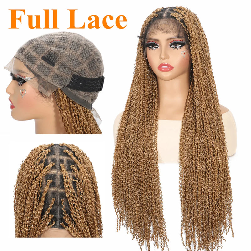 13x4 Lace Frontal Synthetic Braided Wig for Black Women Small Deep Wave Long Brown Wigs Crochet Braiding Wig with Baby Hair