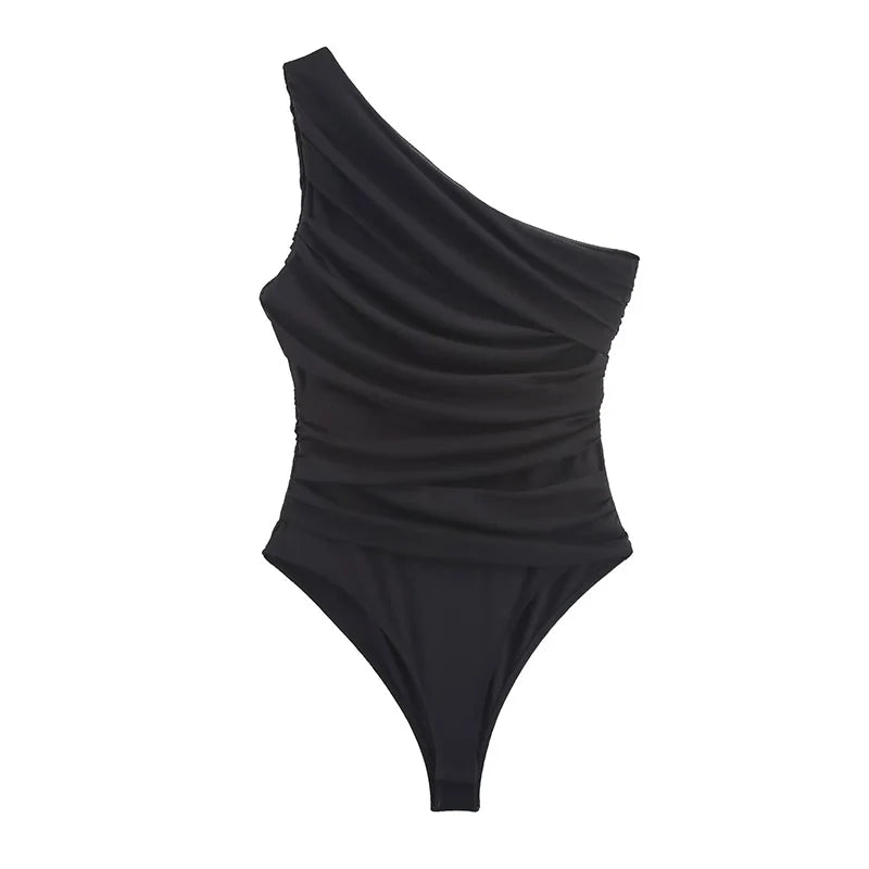 Summer Asymmetric Sleeveless Pleated Silk Mesh Bodysuit Women Single Shoulder Slim Fit Jumpsuit Female Beach Holidays Wear 2026