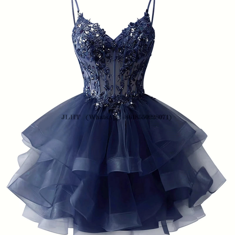 Customized Tiered Tulle A Line Homecoming Dress For Teens Sparkly Lace Applique Beaded Short Prom Dress Mini Cocktail Party Gown