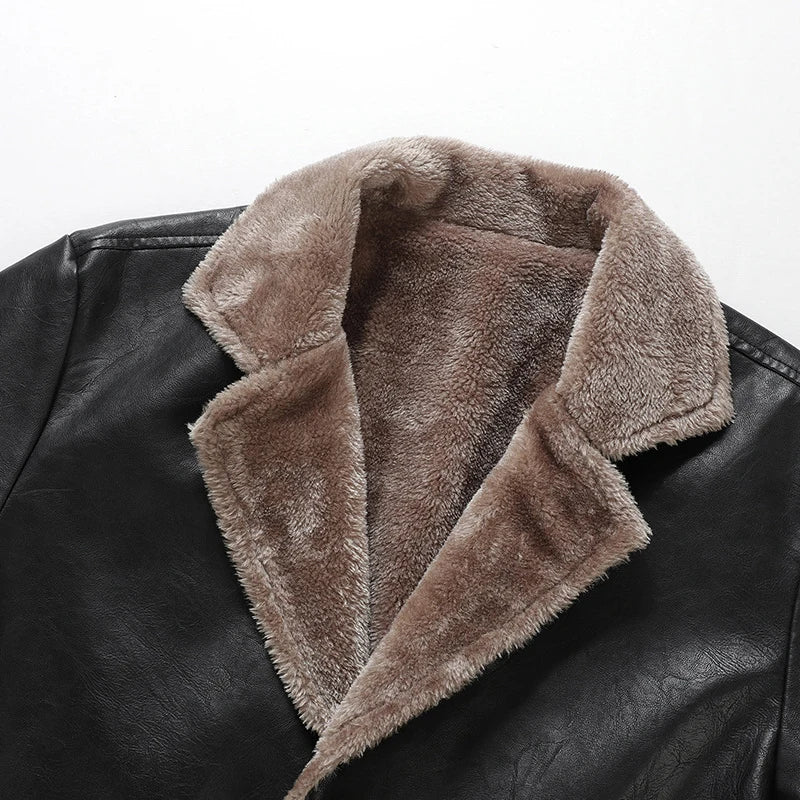 Winter Men's Thick PU Leather Jacket Coat Long Outwear Fur Turn Down Collar Fashion Male Clothes Vintage Leather Jackets MY916
