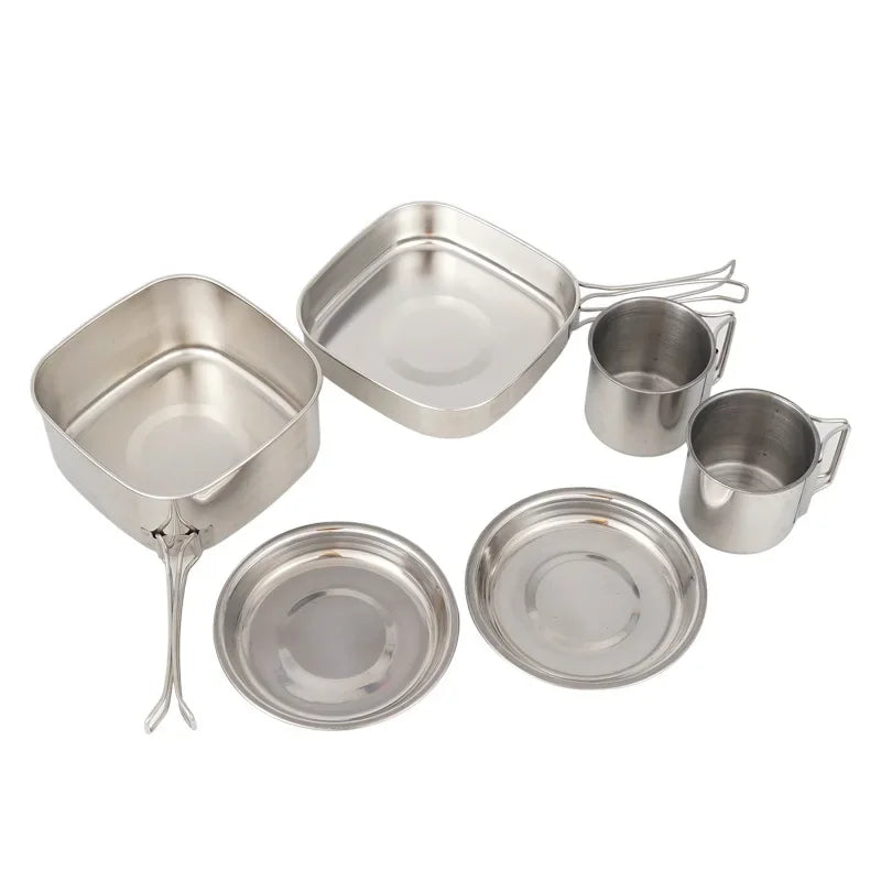 CLS Outdoor 6-Piece Stainless Steel Camping Cookware Set Portable Hiking Picnic Bowl 3-4 Person Barbecue Combination