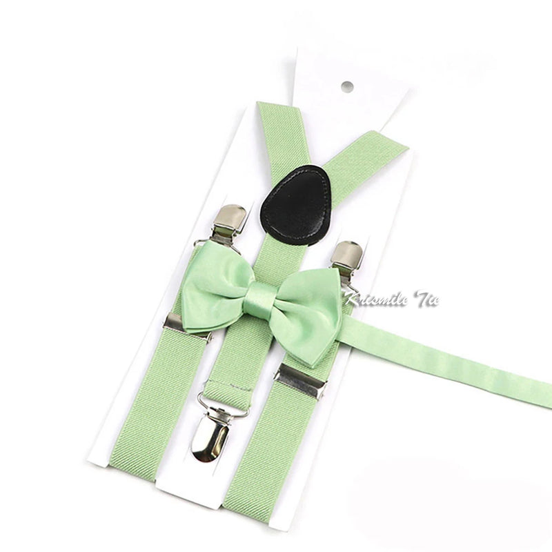 Novalty Sage Green Suspender Bowtie Set For Men Women Kids Romatic Wedding Party Elastic Y-back Straps Pants Shirt Accessory