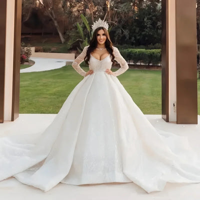 Customized Exquisite V - Neck Wedding Dresses Lace Shining | SAMAG