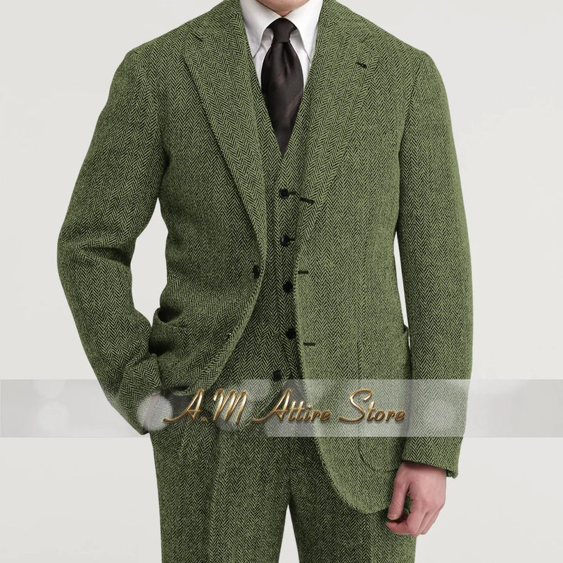 Grey Exquisite Men 3pcs Suit Herringbone Peak Lapel Jacket Vest Pants Set for Wedding Prom Graduation Birthday Party Father Gift
