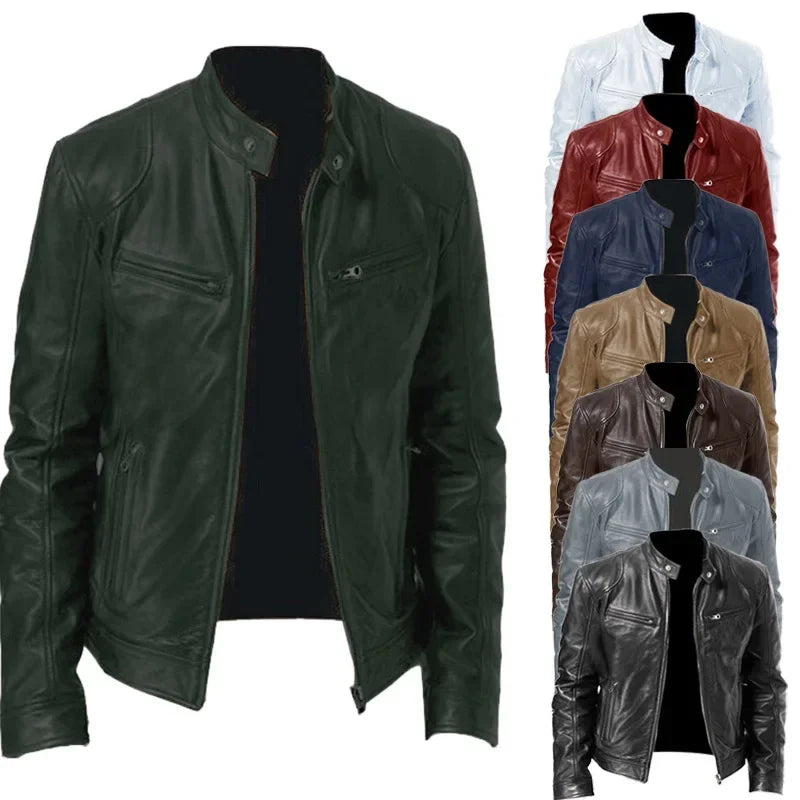 Business Style PU Leather Jacket Stand Collar Slim Fit Zipper Coat Multiple Colors Autumn New Arrival Fashion Urban Outerwear