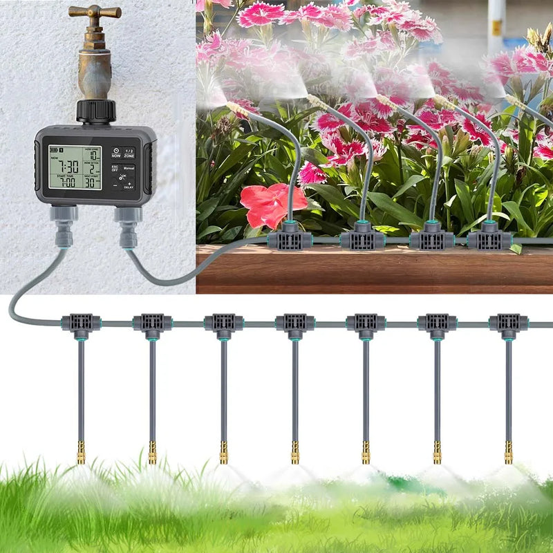 Dual Zone Independent Smart LCD Display Garden Watering Timer Atomization Spray Kit Mist Cooling System Irrigation Controller