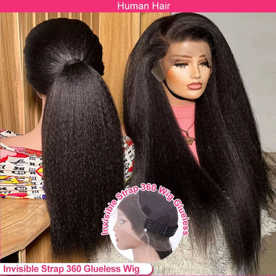 250 Density Invisi Strap 360 Full Lace Glueless Wig Invisible Drawstring Frontal Wig Kinky Straight Lace Front Human Hair