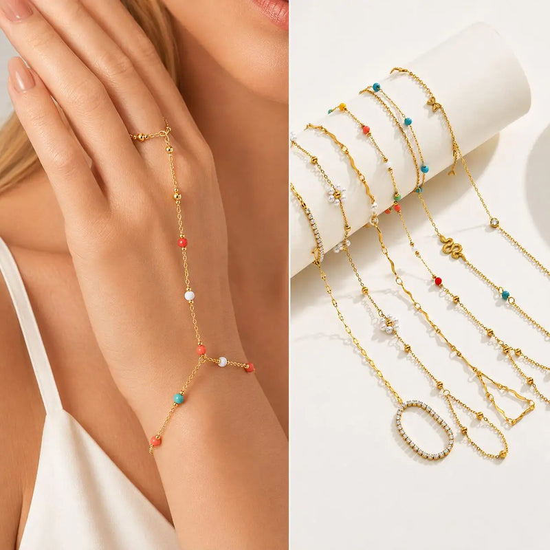 Bohemian Bead Slave Bracelet, 18K Gold Plated Stainless Steel, Waterproof Hand Chain Finger Ring Bracelet Jewelry for Women