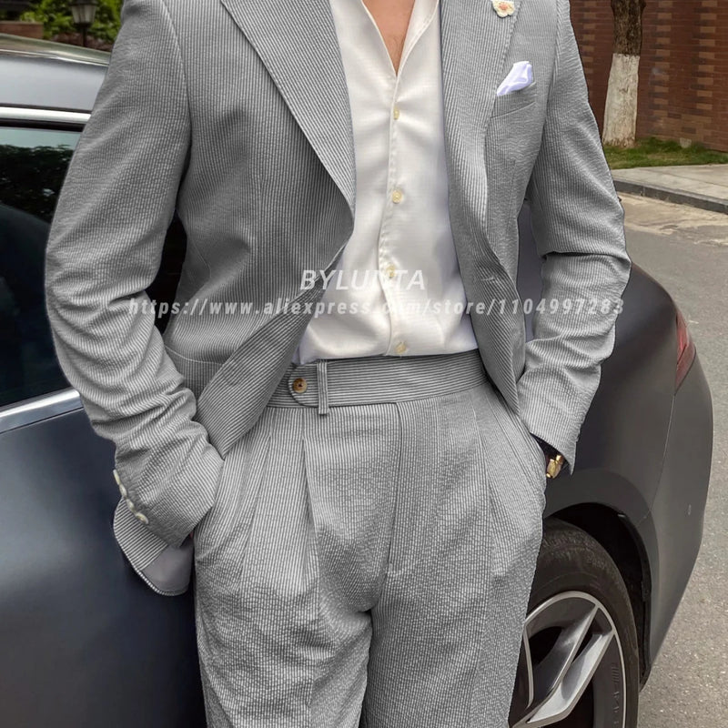 BYLUNTA Mens Suit 2 Piece Slim Fit Stripe Suits Tuxedo Blazer Jackets Pants Set Summer Beach Wedding Outfit for Mennt)