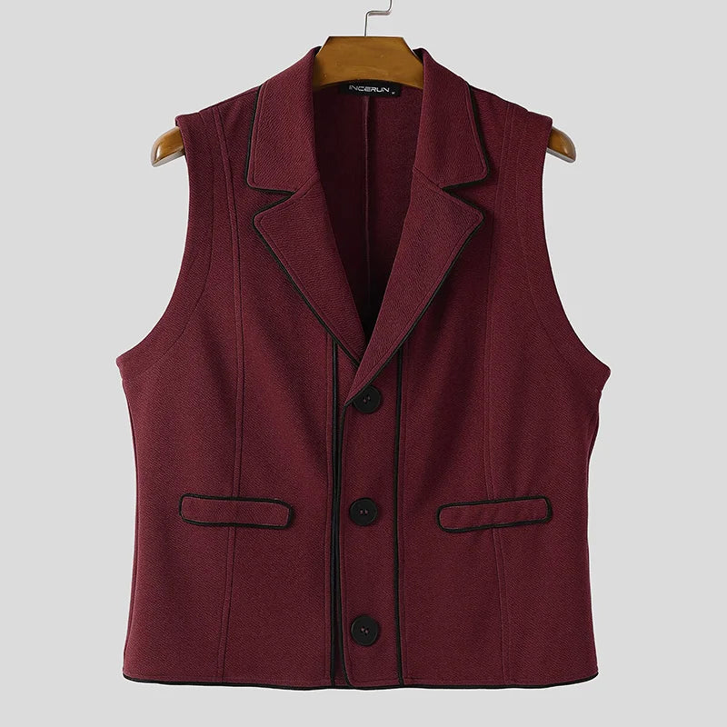 INCERUN Men Vests Patchwork Lapel Sleeveless Button Casual Male Waistcoats Color-block Streetwear 2025 Fashion Vests Men S-5XL