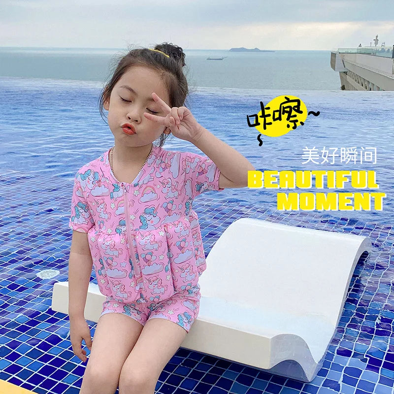 Children's Buoyancy Swimsuit Cartoon Print Swimwear Kid One-Piece Floating Rash Guards Bathing Clothes Boys Girls Swimming Suits