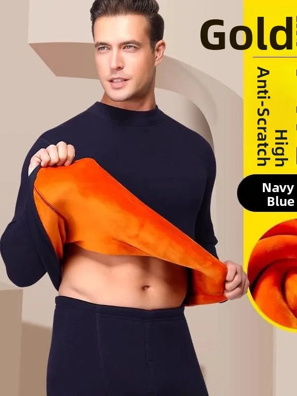 Thickened Fleece Warm Underwear Set Men's Pure Cotton Half High Collar Cotton Sweater Middle Aged Gold Velvet Autumn Clothes