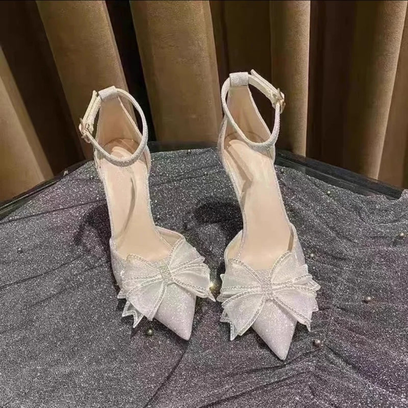 Poplular Zapatos De Mujer Bowtie Beading Embellished Sweet Women Weeding Shoes Pointed High Heels Glitter Slip-On Women Pumps