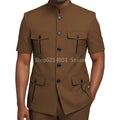 Mens Safari Suit 2 Piece Short Sleeve Suits for Men Regular Fit Stand Collar Suit African Clothes