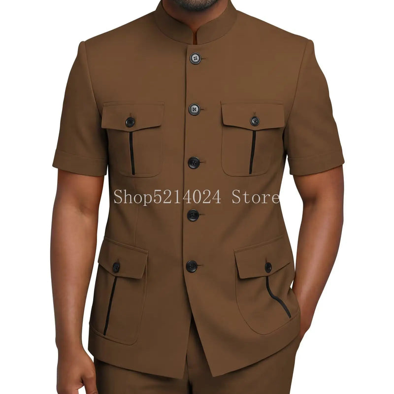 Mens Safari Suit 2 Piece Short Sleeve Suits for Men Regular Fit Stand Collar Suit African Clothes