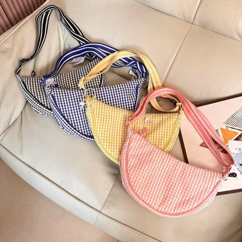 Fashion Canvas Plaid Hobos Crossbody Bag for Women Shoulder Bag Half Moon Chest Bags Tote Lady Travel Shopper Bag Female Purses