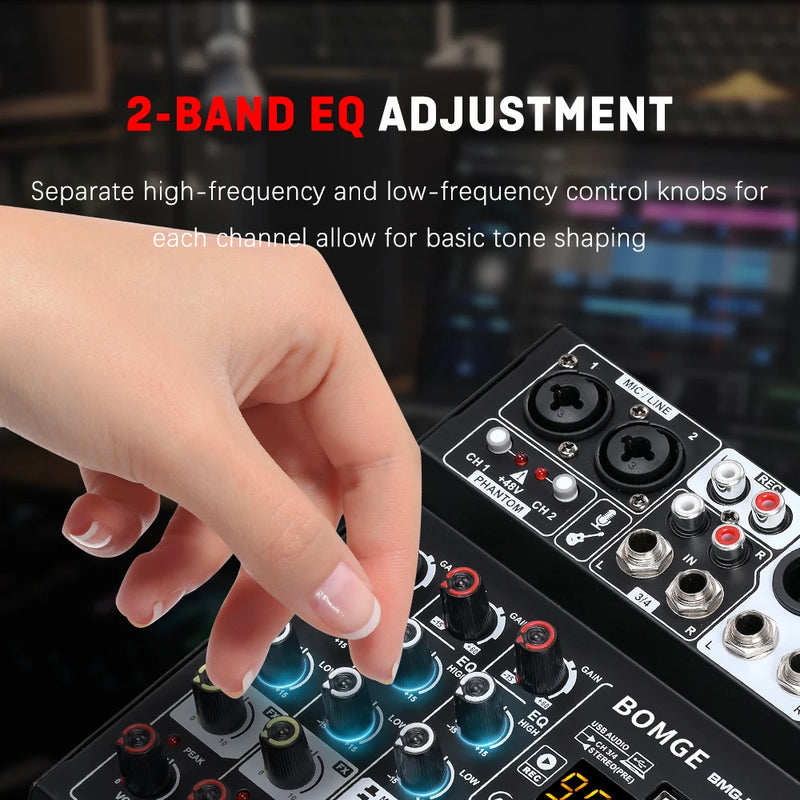 BOMGE D4 Audio Mixer 4 Channel Mini Mixer 99 DSP Reverb Effects USB Audio Interface Bluetooth for Karaoke Podcast Live Streaming