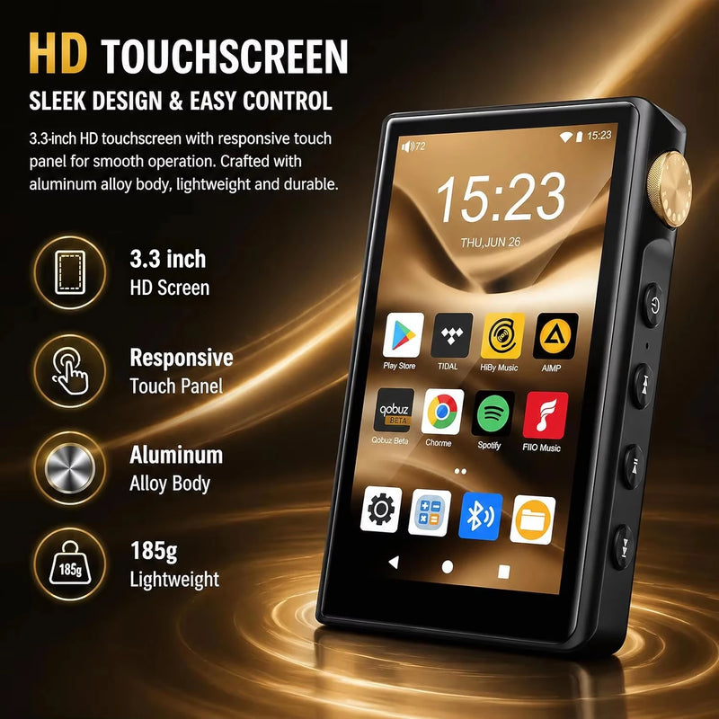 Hi Fi MP3 Player with Bluetooth and WiFi, Android 12, Lossless DSD High-Resolution Digital Audio, 32GB/80GB Memory, up to 512GB