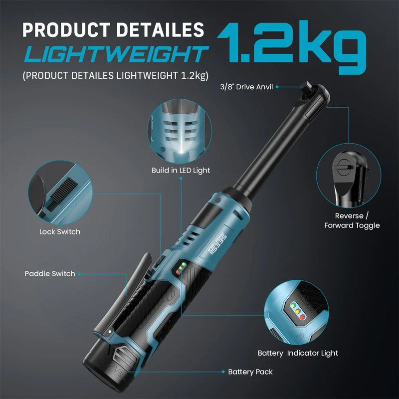 SEESII 3/8"Cordless Ratchet Wrench 55Nm Electric with 6" Extended 12V Rechargeable Angle Car Repair Power - View 2 | SAMAG