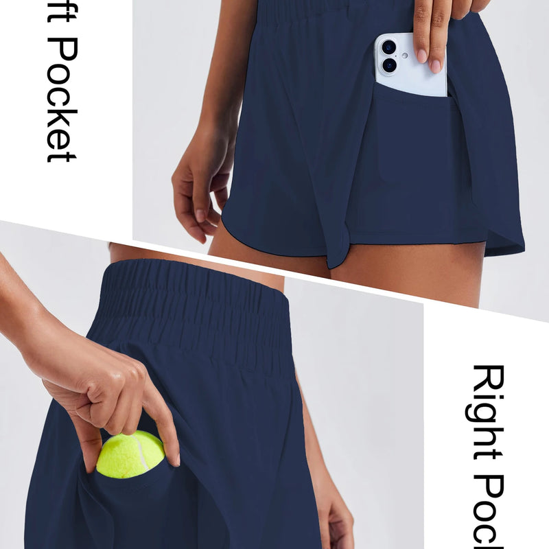 Porty Lady Solid Color High-Waist Yoga Running Double-Layered Anti-Glare Fitness Tight-Fitting Sports Shorts