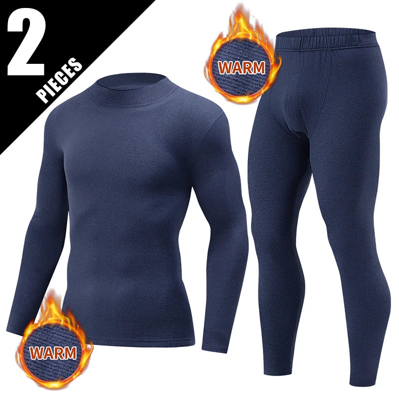 2-pcs Autumn And Winter Men's Thick Semi High Neck Thermal Underwear Set Solid Color Fashionable High Neck Top Warm Casual Pants
