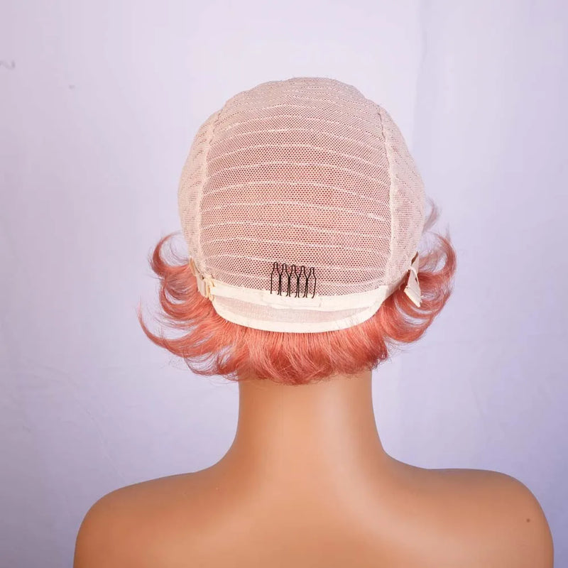 Pink Short Human Hair Wig Pixie Cut Wig with Bangs Remy Human Hair Machine Made Wigs for Black Women