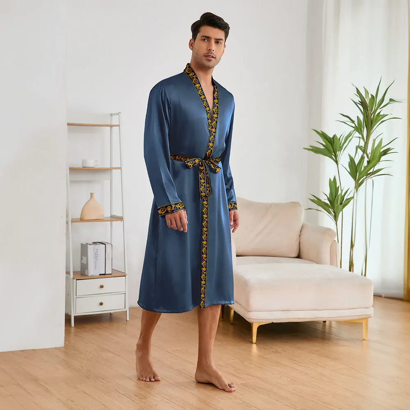 Men Long Nighty&Robe Set Summer Ice Silk Pajamas Set Sleepwear Loose Casual Home Clothes Nightwear Male Loungewear
