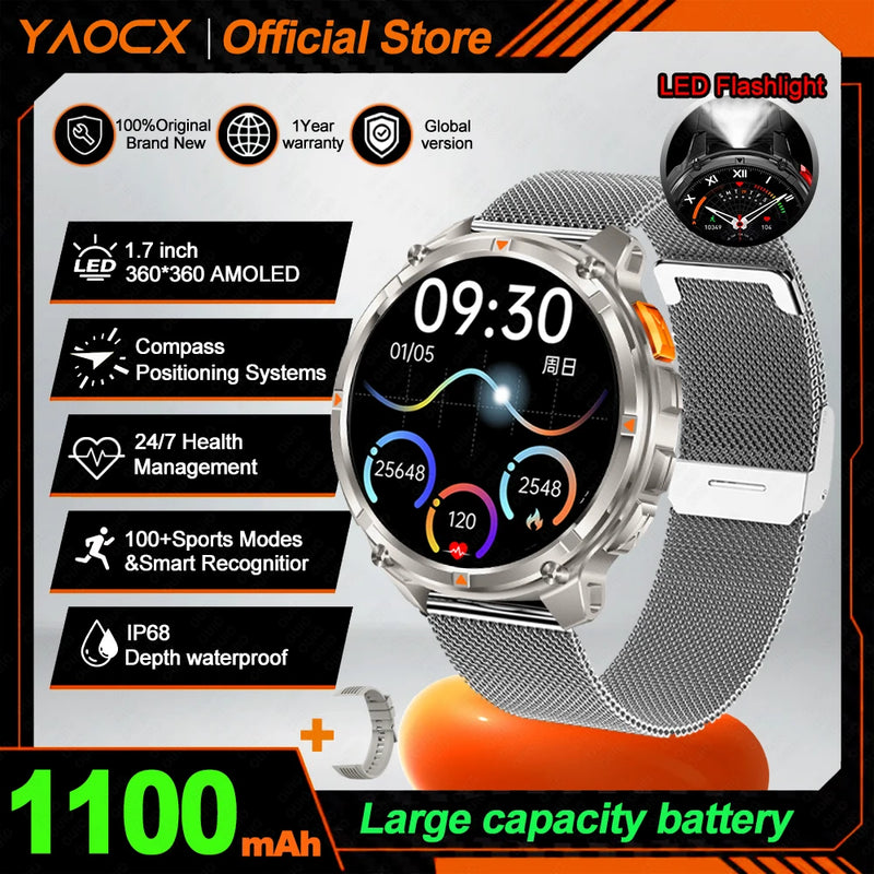 NEW 1100mAh Battery Sports Smart Watch Compass IP68 Waterproof Outdoor Flashlight Voice Assistant Heart Rate BT Call Smart Watch