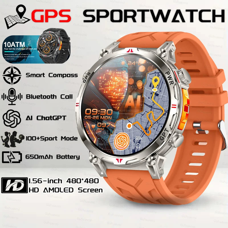 2026 New Outdoor GPS Sports Smartwatches Men Compass 10ATM Waterproof 24/7 Health Monitoring Chat GPT Bluetooth Call Smart Watch