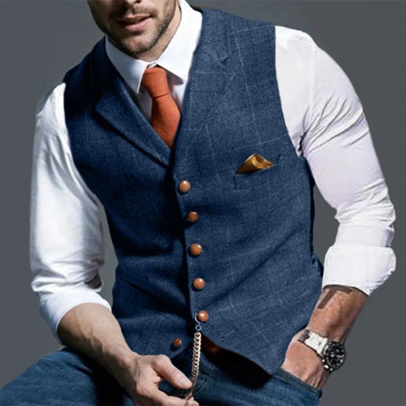 Fashion Men's Vests Lapel Tweed Plaid V-neck Waistcoat Slim Fit Vest Business Formal Dress Suit Casual Wedding Tuxedo Male Vest