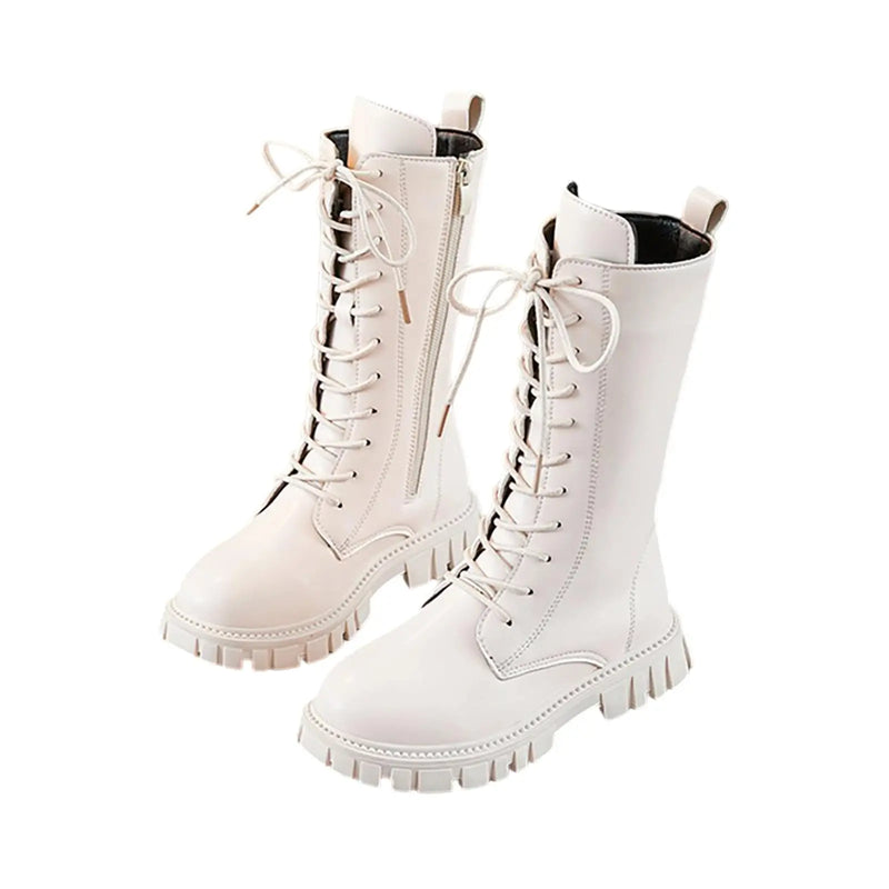 Girls White Lace - Up Boots Booties Side Zipper Soft Bottom - View 8 | SAMAG