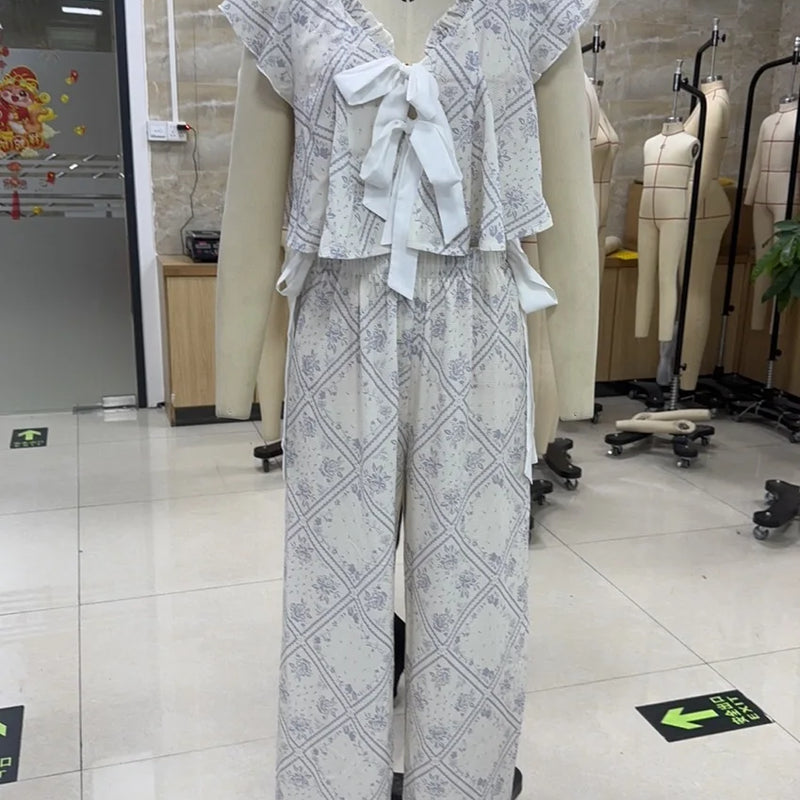 Combhasaki Women Floral Print 2Pcs Loungewear Pjs Set Fly Sleeve Front Bow Tied Ruffle V-Neck Crop Tops+Elastic Waist Long Pants