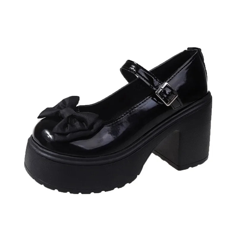 White Round Toe Platform High Heels Women Mary Jane Shoes Retro Bows Elegant Chunky Heel Women's Wedding Shoes