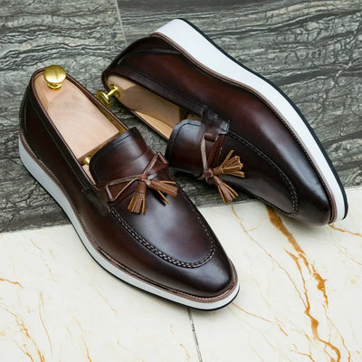 Men's Calfskin Leather Tassel Loafers Casual Flat Shoes | SAMAG