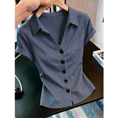Elegant Button Striped Contrast All - match Blouse Summer | SAMAG