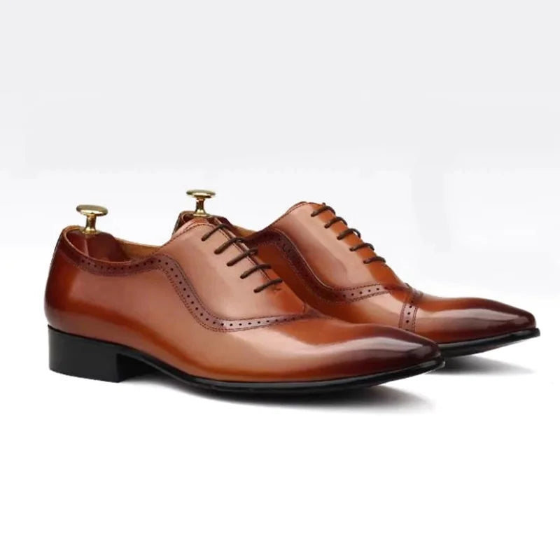High Quality Cowhide Leather Dress Shoes For Men British Style Pointed Toe Lace-up Genuine Leather Oxford Formal Shoes