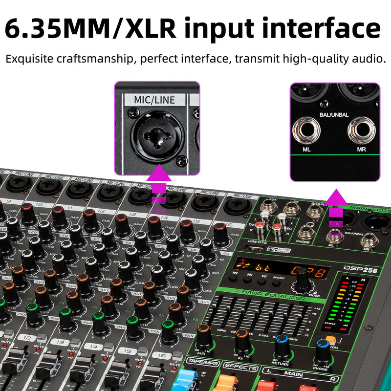 6/8/12/16 Channels Audio Sound Mixer Depusheng Mixing DJ Console USB 48V Phantom Power 256 DSP Effects Sound Table for Stage