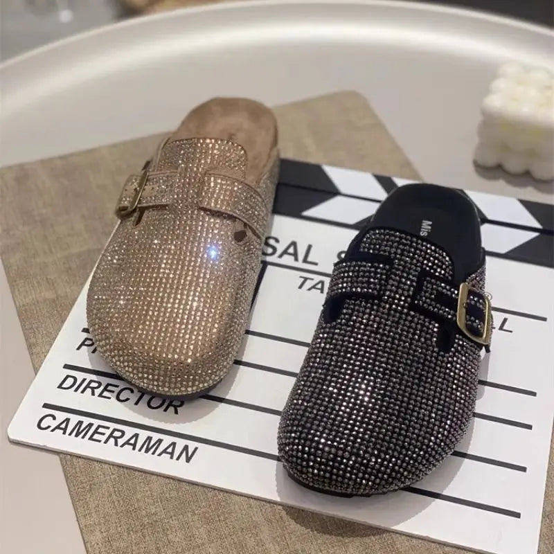 Women Slip on Lazy Shoes French Style Rhinestone Mules Closed Toe Casual Versatile Half Slipper Outdoor 2026 Spring Autumn