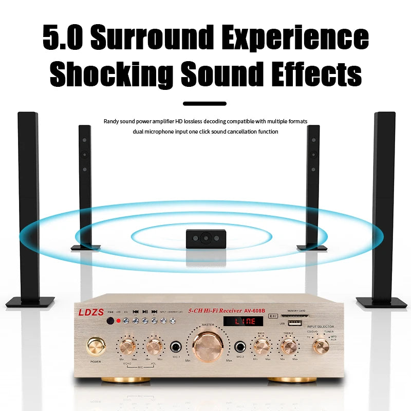 1000W Home Power Amplifier 5.0 Channel Bluetooth 5.0 Mini Hifi Digital Stereo Sound Amplifier Support FM USB SD Mic input