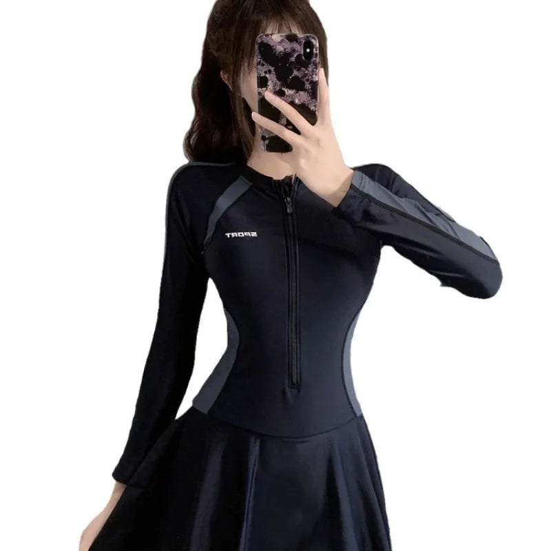 Athletic Long Sleeve One Piece Swimsuit Dress with Zipper | SAMAG